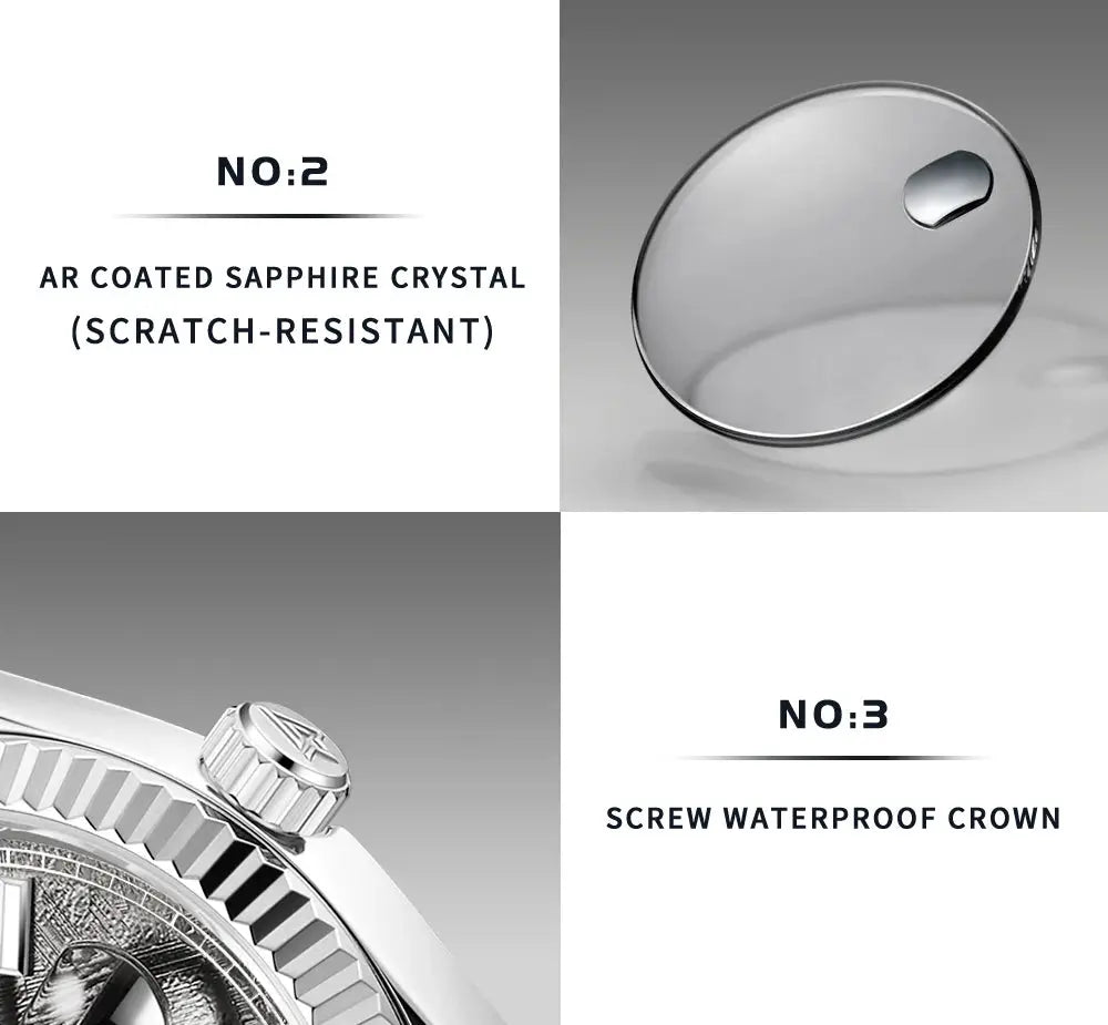 CADISEN DD40 men's luxury automatic watch by Simples Market, silver with AR sapphire crystal and screw waterproof crown.