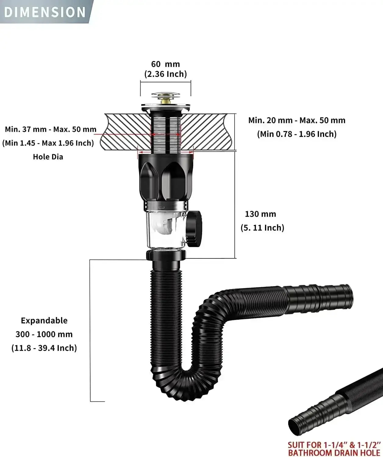Simples Market kitchen sink drain hose kit with black plastic drain assembly and flexible corrugated hose