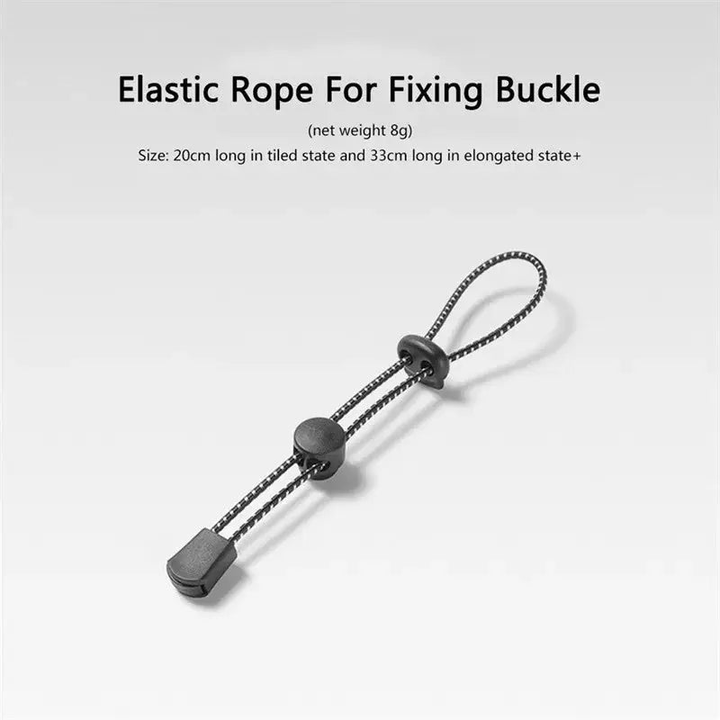 Elastic rope for fixing buckle; black adjustable backpack and trekking pole holder with loop and cord locks.