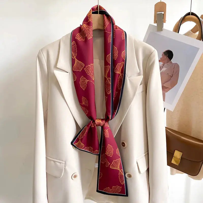 LuxeSilk Silk Feel Printed Design Scarf Versatile Long Narrow Silk Shawl For Fashionable Styles