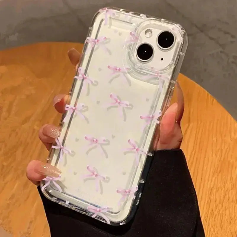 CharmCase Pink Heart Bow Phone Case Shockproof TPU For iPhone 11 Pro Max To iPhone 17 Pro Soft Clear Grip