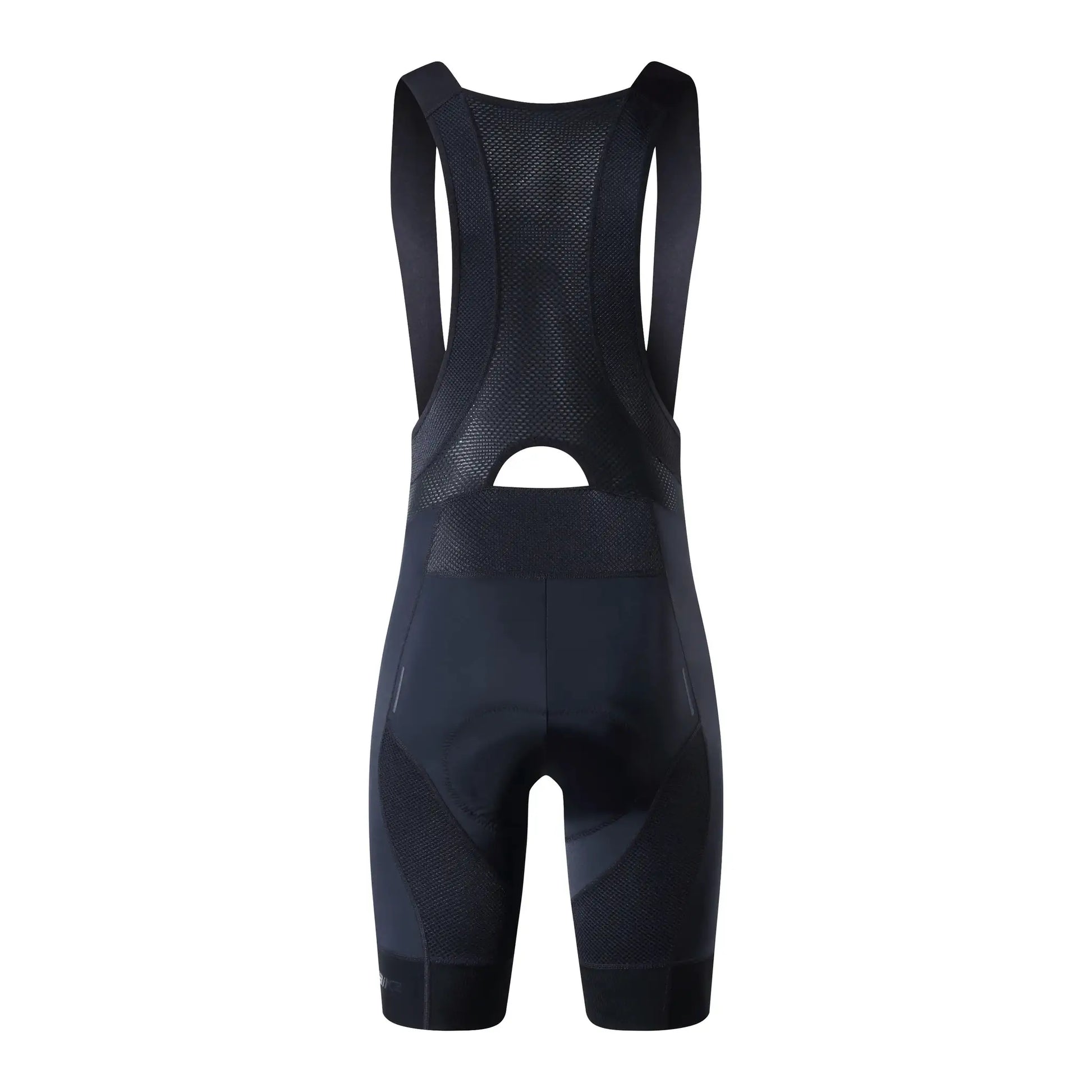 Black cycling bib shorts with mesh back and wide shoulder straps