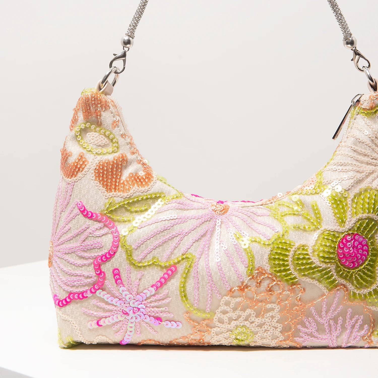 Shoulder bag with multicolor floral sequin embroidery and silver chain strap