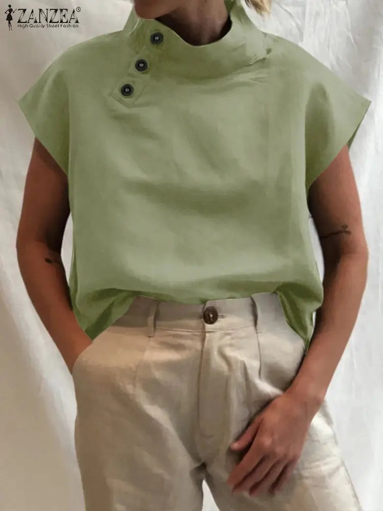 ZANZEA Women Blouses Cotton Linen Summer Top Short Sleeve Tunic