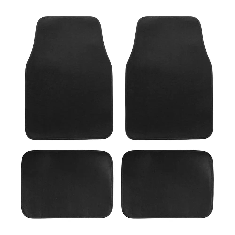 Car floor mats set; four black universal-fit front and rear mats for SUVs, sedans, vans.
