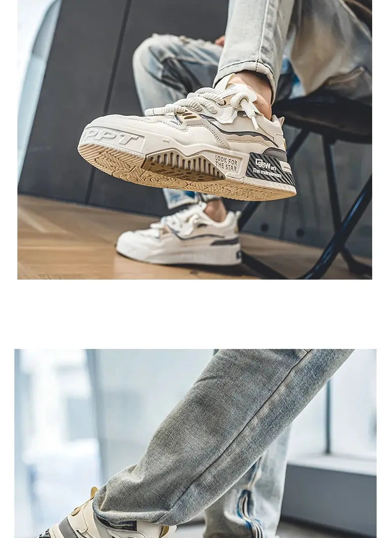 Men's trendy skate shoes, cream beige with a chunky non-slip sole and lace-up design (two sneakers shown)