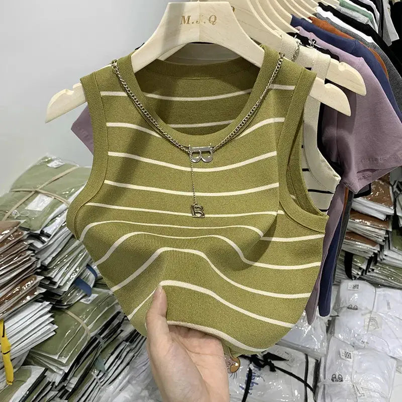 AOSSVIAO 2026 Summer Knit Vest For Women Striped Slim Fit Sleeveless Waistcoat With Turtleneck Collar