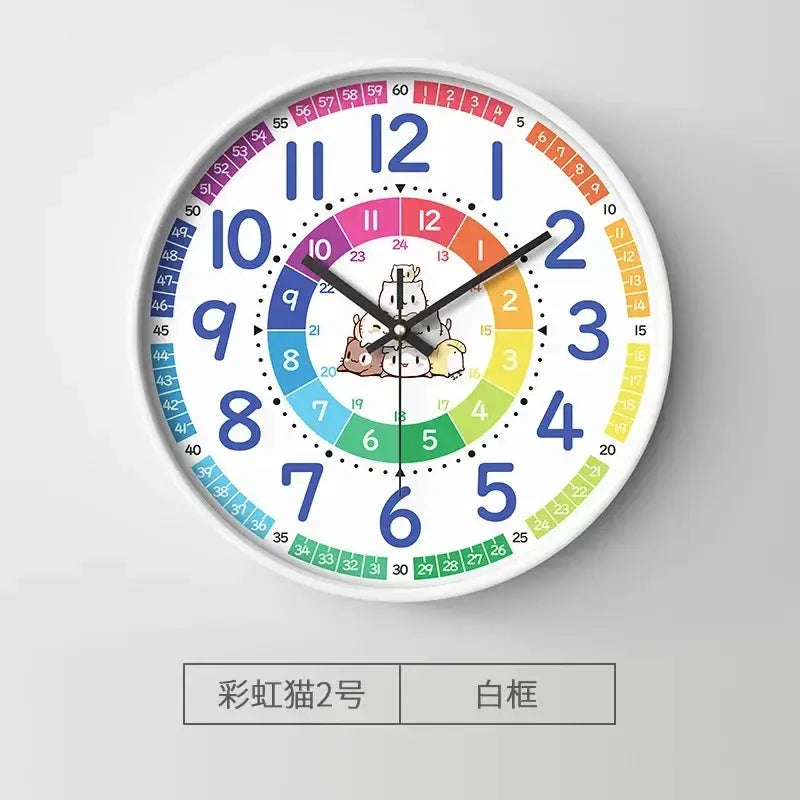 Silent Teaching Time Clock for Kids, 8-inch white frame analog wall clock with rainbow hour markers non-ticking