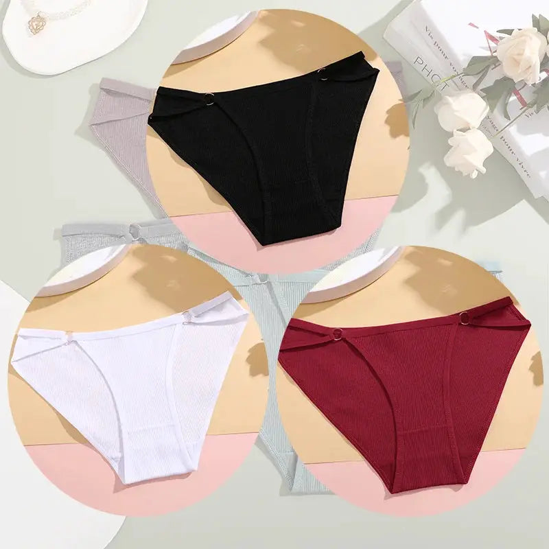 Women's cotton panties 4-piece set in black, white, burgundy, and gray.