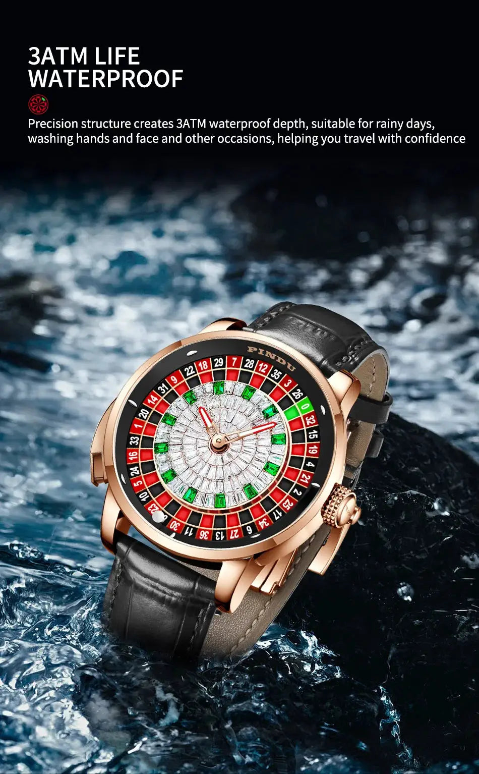 PINDU design men's NH35A mechanical watch with roulette-style diamond dial, rose gold case and black leather strap