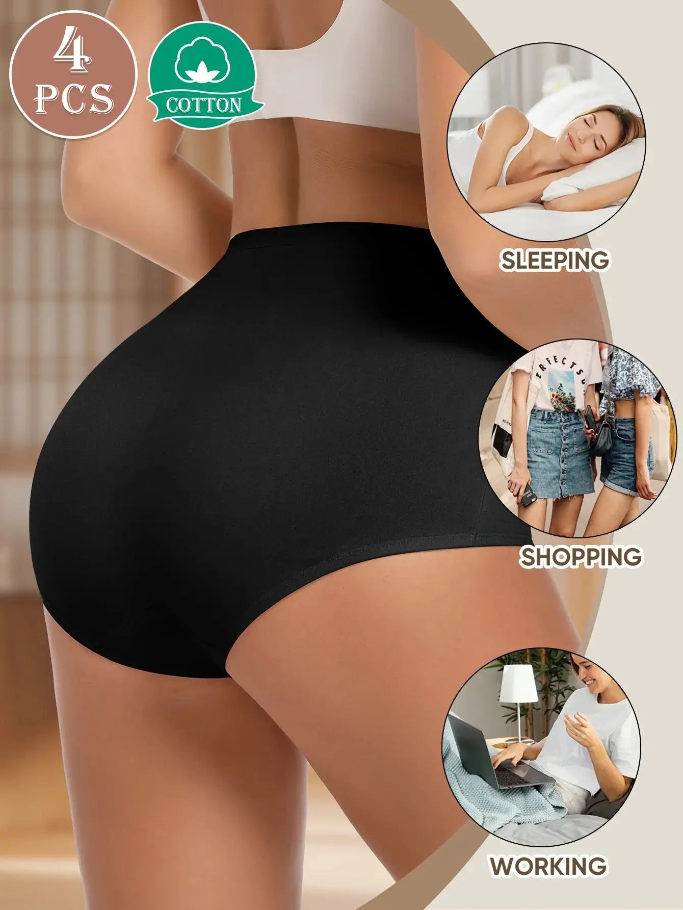 MIOTAN 4pcs high-waisted tummy-control briefs in black cotton by Simples Market