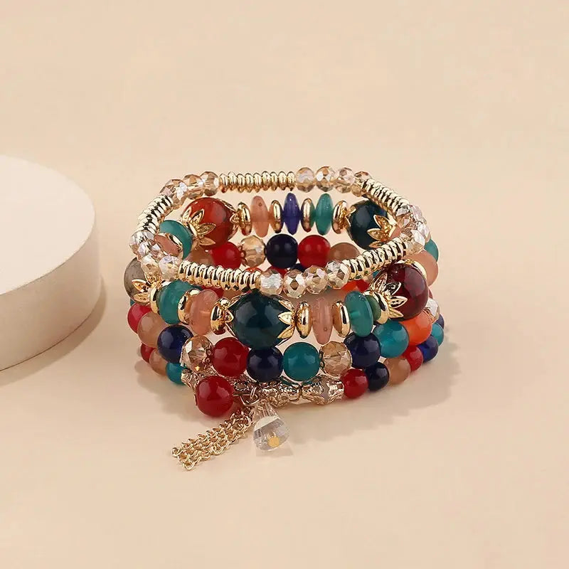 4 Piece Tassel Charm Beads Bracelet Set For Women And Men Bohemian Colorful Glass Bead Chain Bangle Jewelry