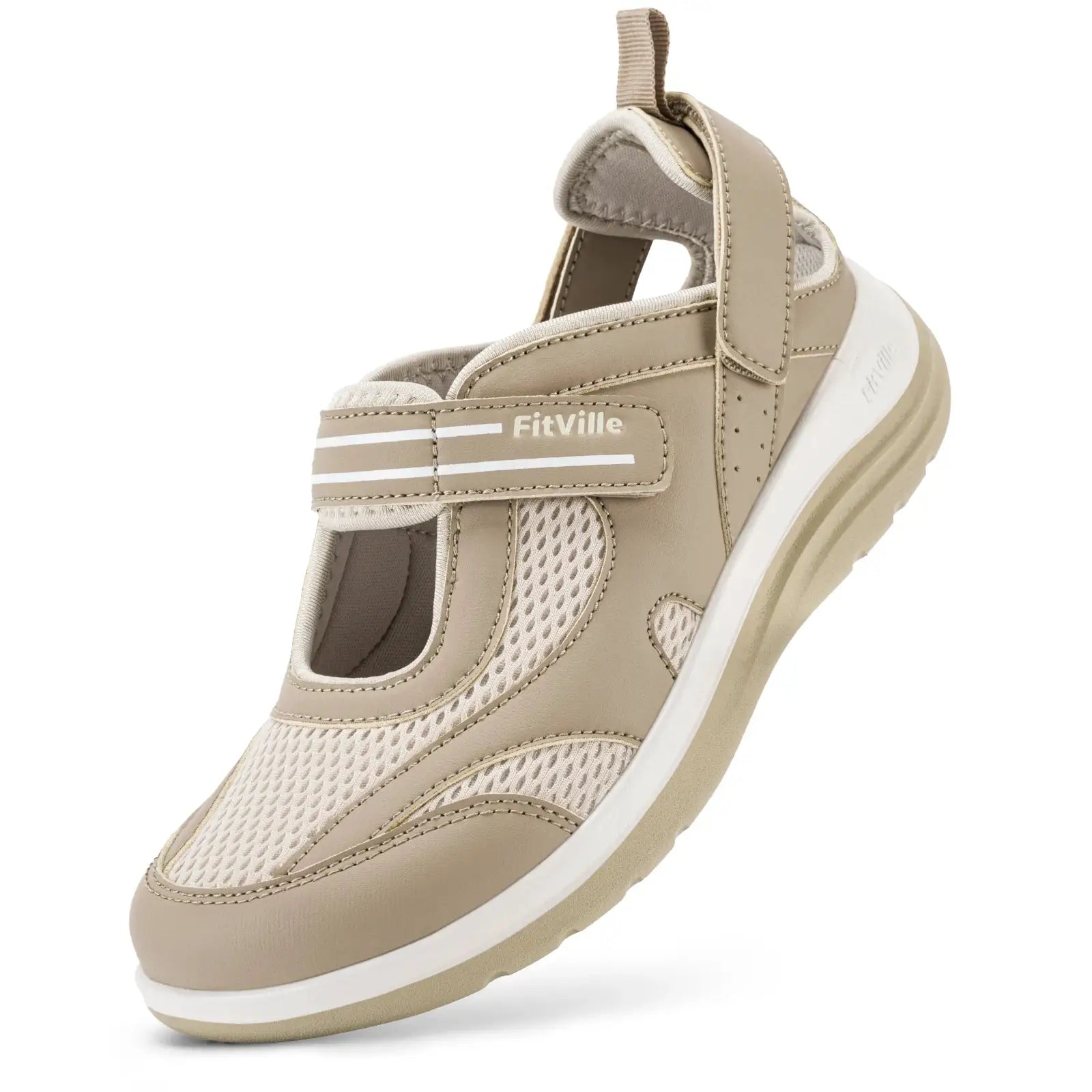 FitVille women's beige Mary Jane sandal with widened toe, breathable mesh upper, lightweight outdoor shoe