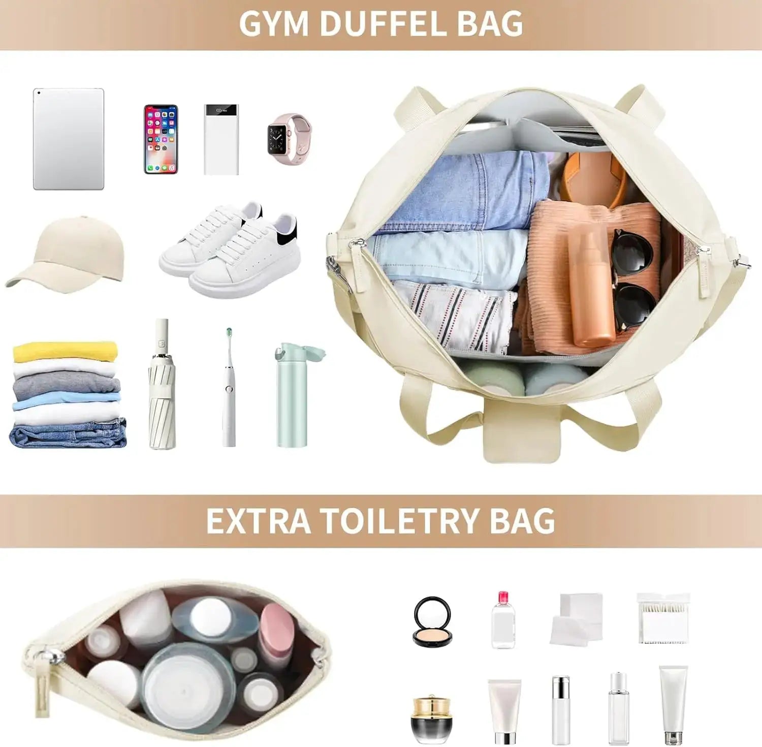 Simples Market cream gym duffel bag for women with a shoes compartment, packed with clothes and essentials.