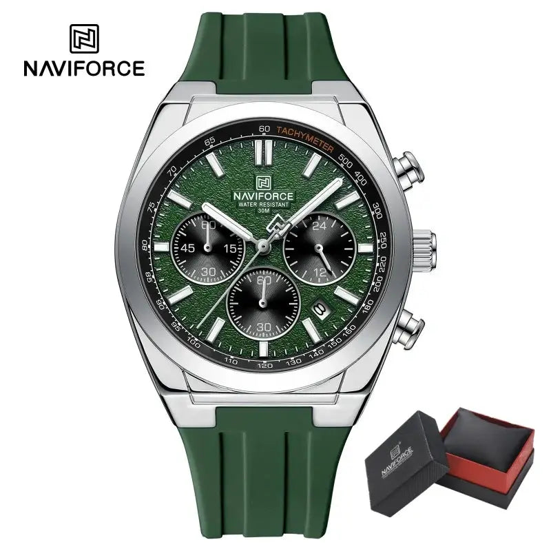 NAVIFORCE men's chronograph watch with green textured dial, stainless steel case, green silicone strap