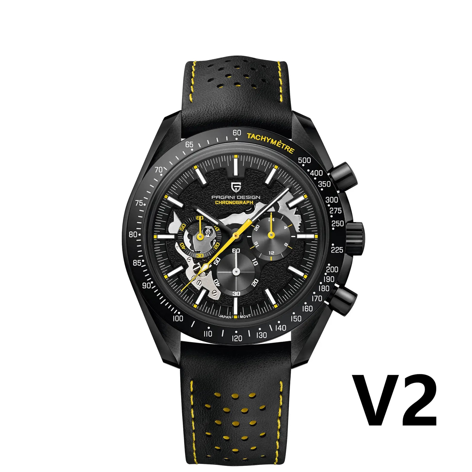 Pagani Design black skeleton chronograph watch with tachymeter bezel and perforated black strap with yellow stitching