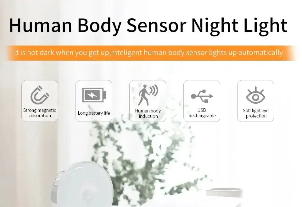 White LED motion sensor night light, USB rechargeable with magnetic mount for kitchen cabinets and wardrobes.