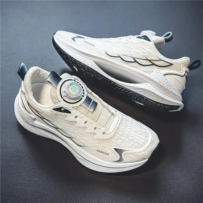 Men's breathable mesh running shoes with rotating buckle; white with black accents (2 shoes)