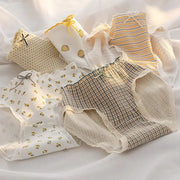 M-XL women's cotton underwear briefs, set of six in assorted prints (floral, polka dot, stripes, gingham) with mid-rise waist