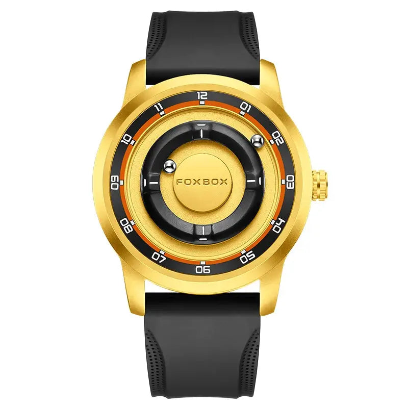 FOXBOX fashion watch for men; gold-tone case, black silicone strap