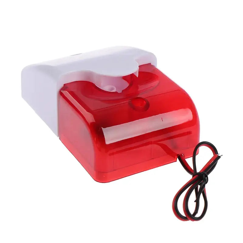 120dB red LED strobe light with white mounting base and red/black power leads.