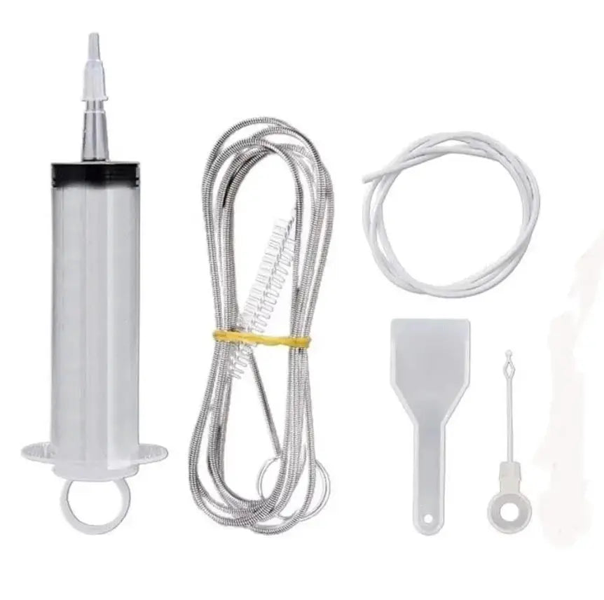 Refrigerator drain cleaner kit, 5–6 piece set with syringe plunger, braided hoses, white tubing