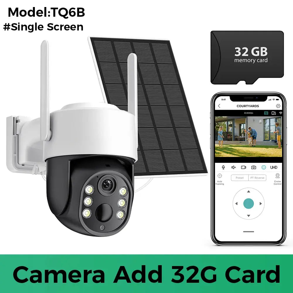 8MP/4K solar WiFi security camera with built-in battery and solar panel; dual lens, 32GB memory card included.