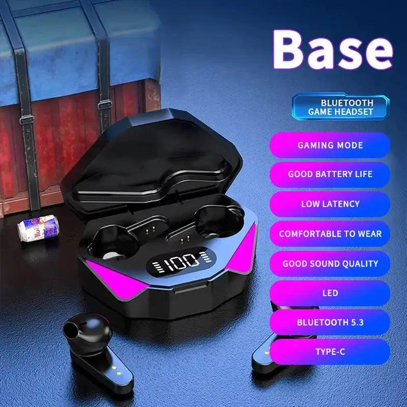 Simples Market Bluetooth TWS gaming earphones in a black charging case with LED indicator lights and built-in mic