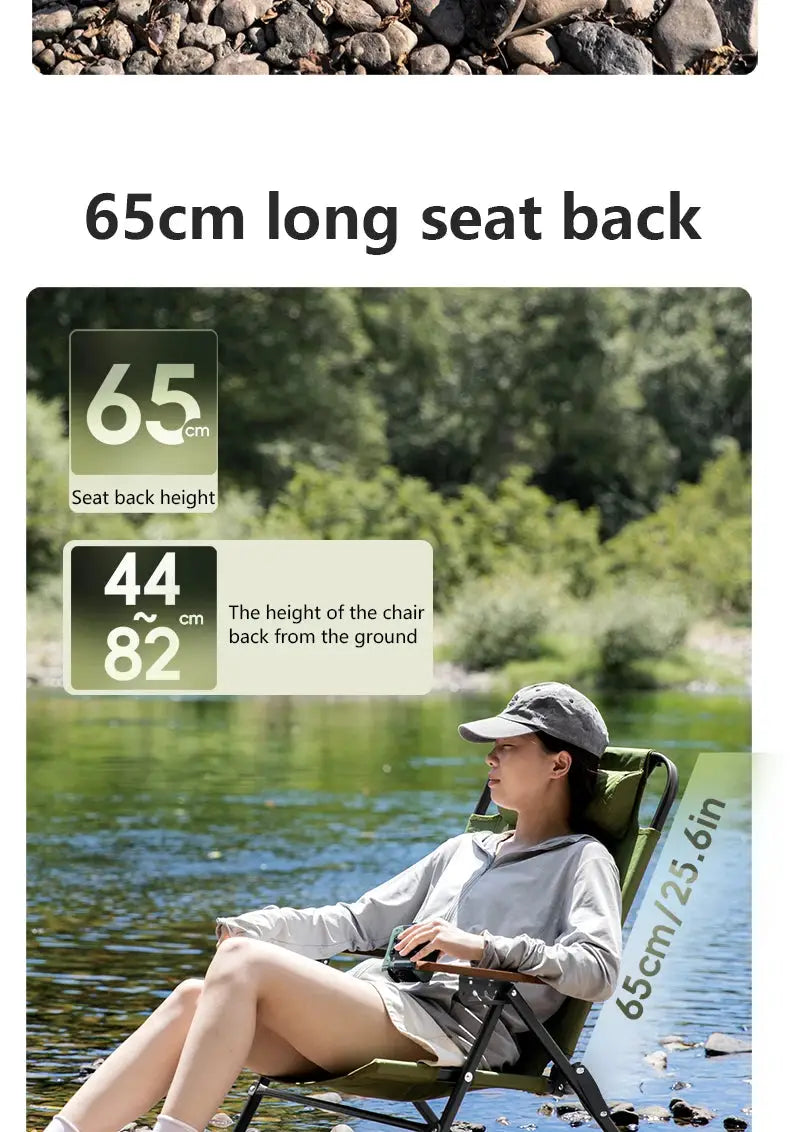 BISINNA green camping folding chair by Simples Market with adjustable armrests and 65cm long seat back.