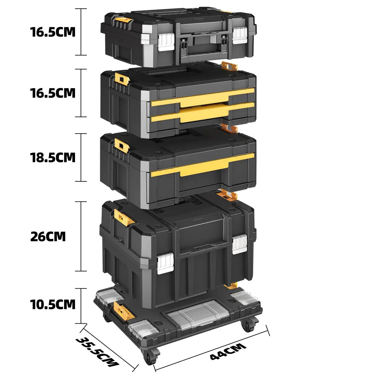AIRAJ stackable toolbox set with wheels; modular black/gray cases with yellow drawers, 4-piece stack on wheeled base.