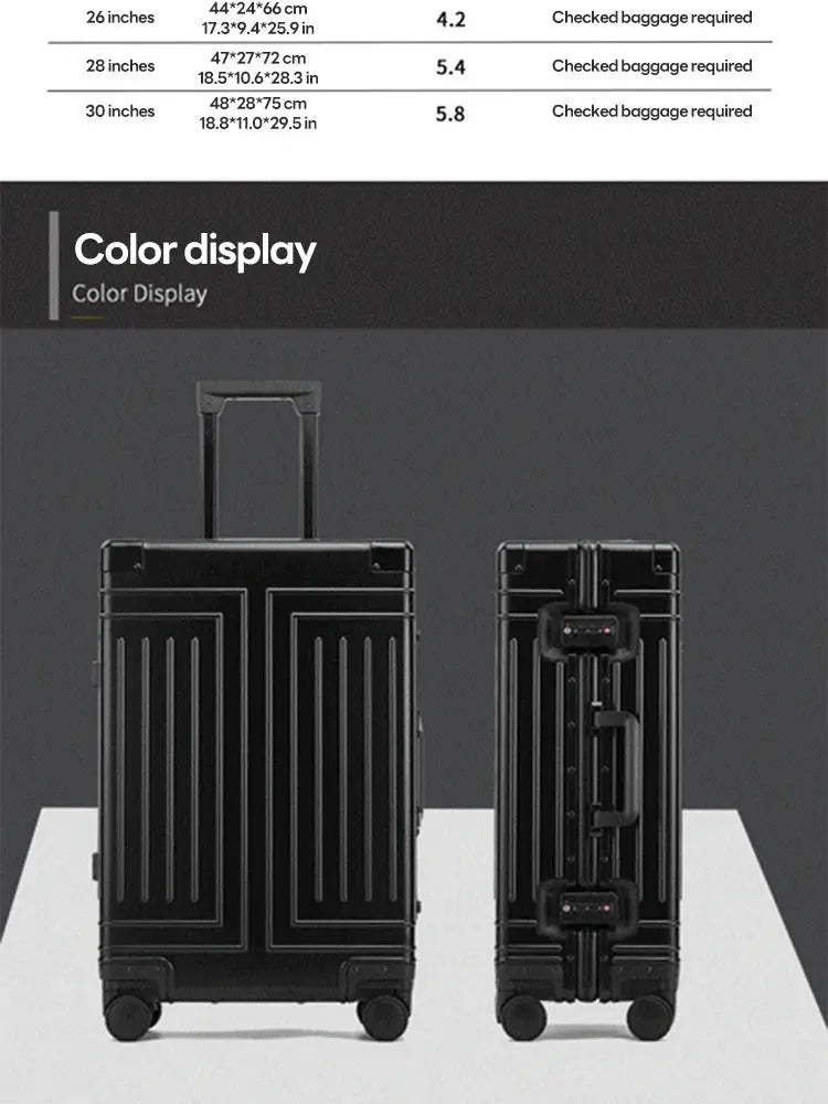 Two black aluminum-magnesium rolling travel suitcases with telescoping handles and wheels