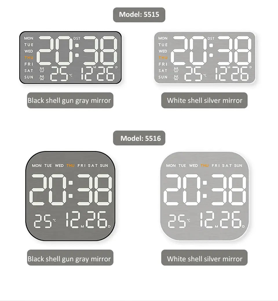 Mirror brushed finish wall clocks, four by Simples Market models 5515/5516 in black-gray and white-silver.