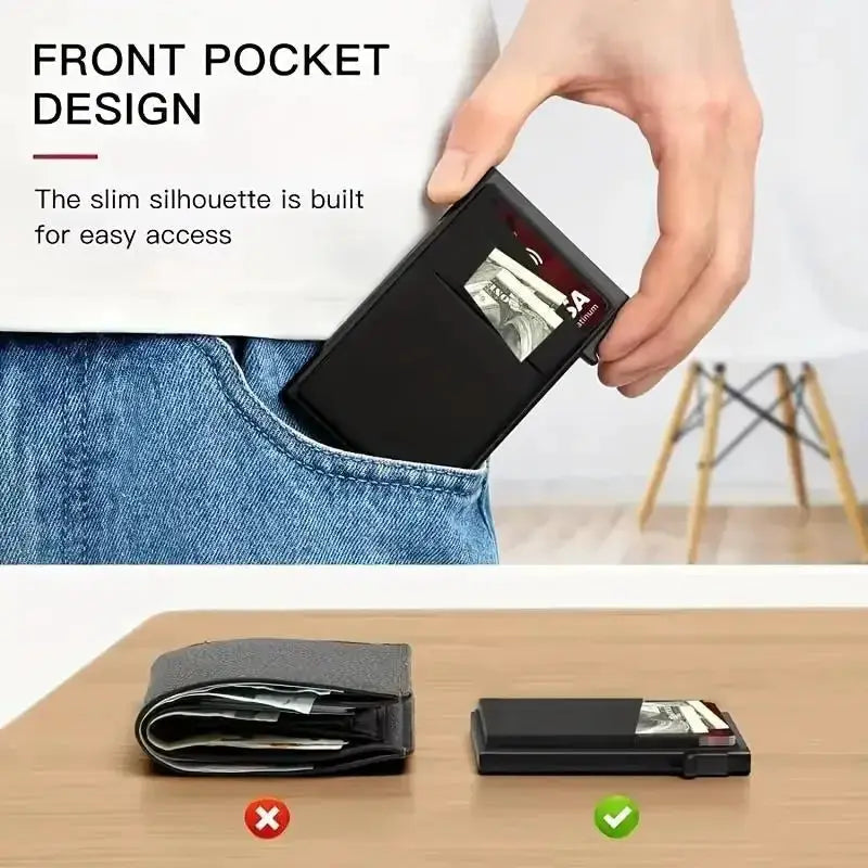 Simples Market slim pop-up card holder with RFID blocking; black front-pocket design shown beside a traditional wallet
