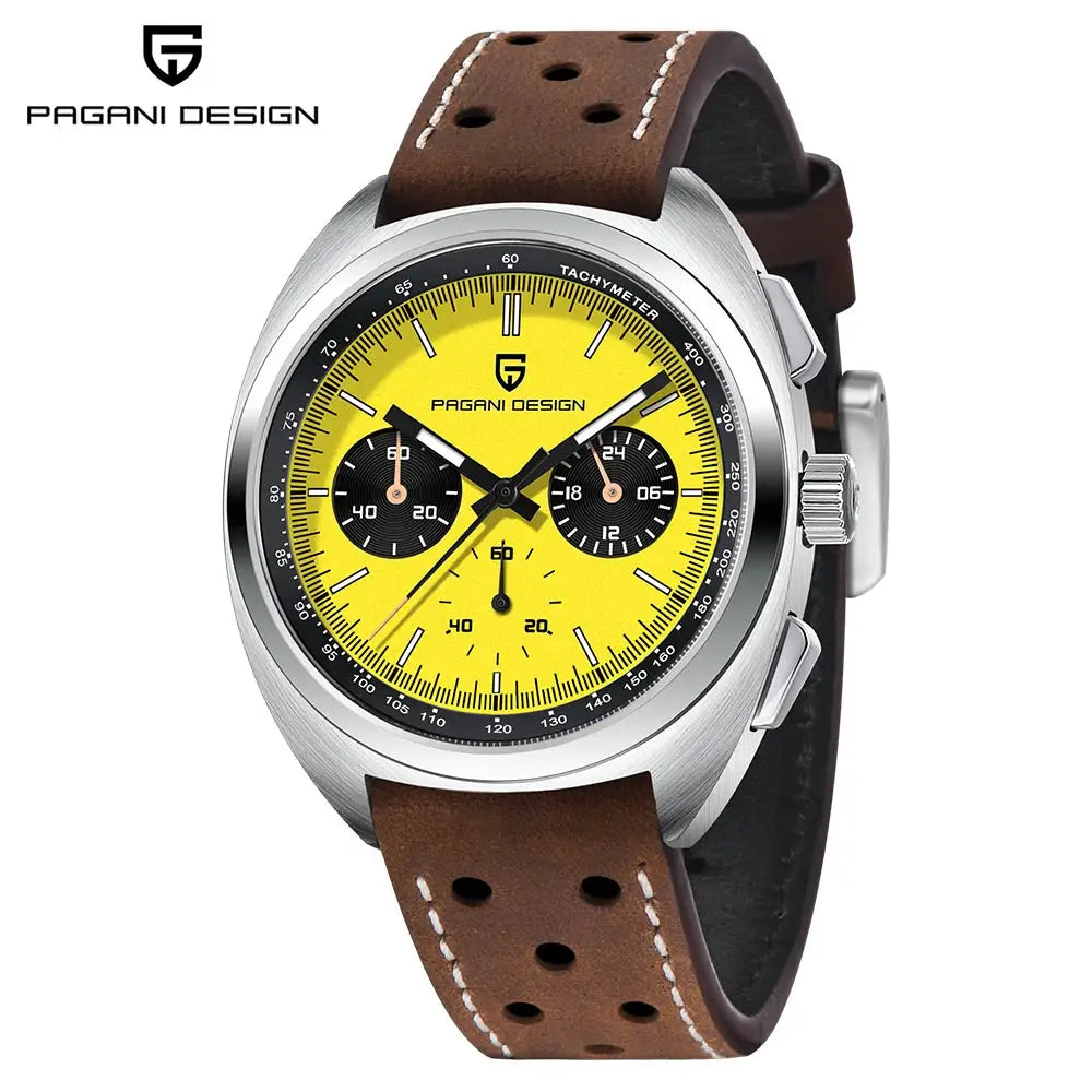 Pagani Design 2026 men's quartz chronograph watch with yellow dial, brown perforated leather strap, stainless steel case