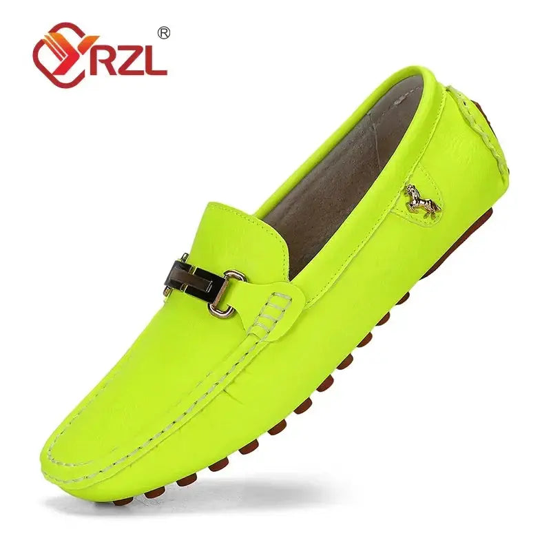 YRZL logo men's neon lime PU leather loafer with buckle, slip-on driving moccasin by Simples Market