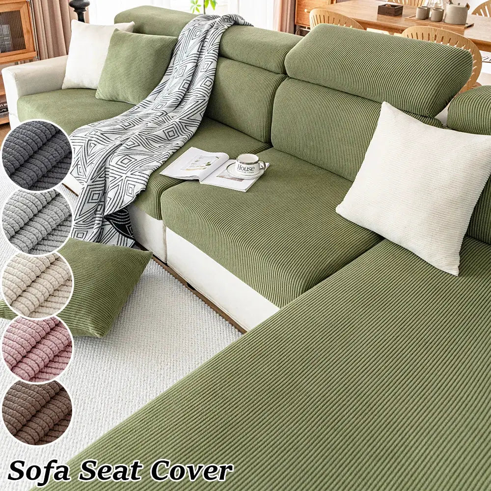 Sofa seat cover set by Simples Market in thick jacquard green; removable with color swatches.