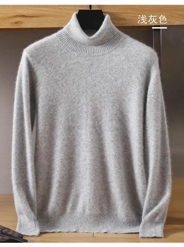 Simples Market men's mink velvet cashmere sweater, light gray knit pullover with long sleeves and a high ribbed collar