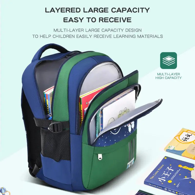 Simples Market school backpack for kids, blue and green multi-pocket, waterproof with laptop sleeve