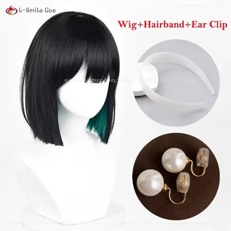 Anime Sua cosplay wig 30cm black with green underlayer, bob cut, heat-resistant synthetic hair by Simples Market