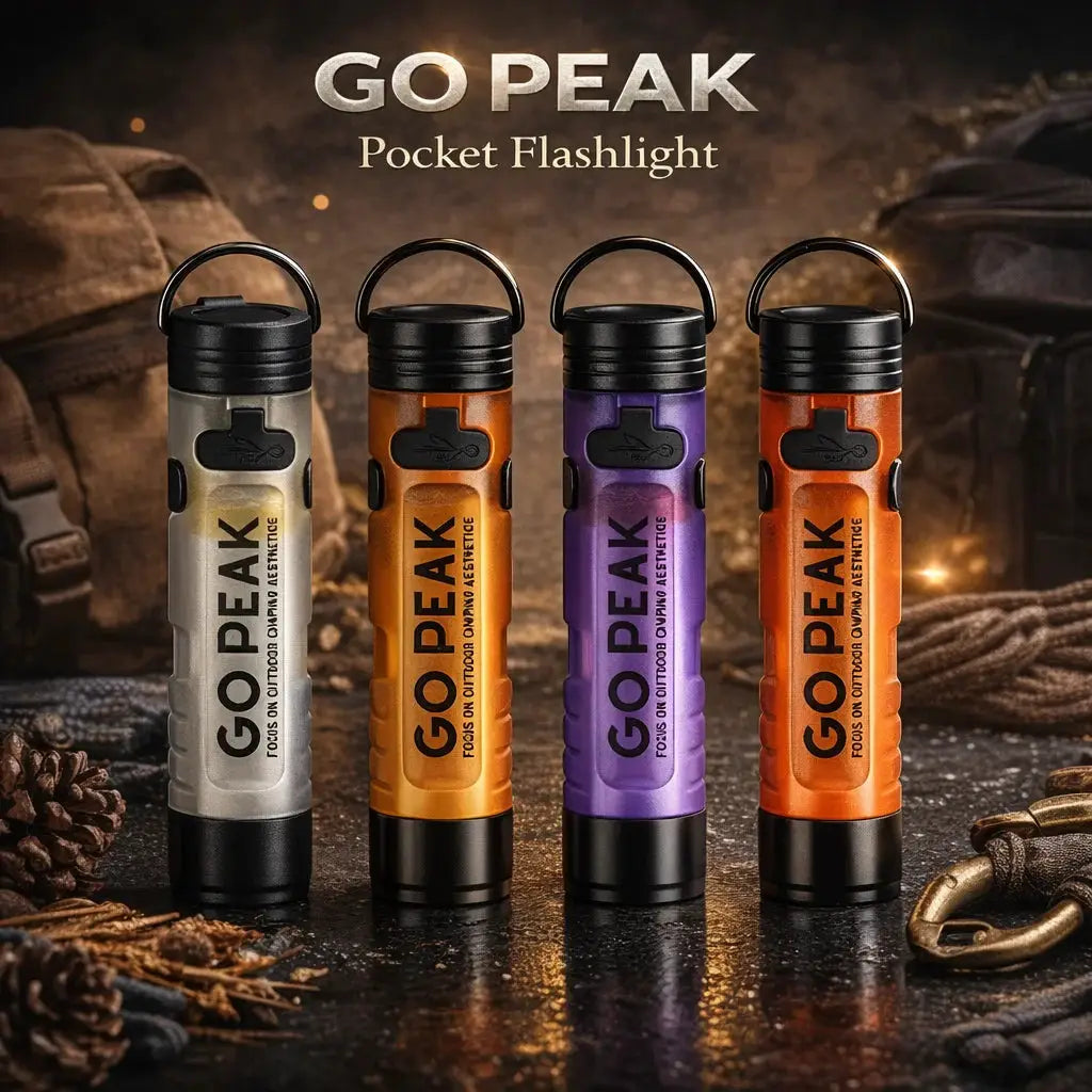 Go Peak pocket flashlights, a set of four USB-rechargeable mini keychain torches in silver, purple, and two orange.