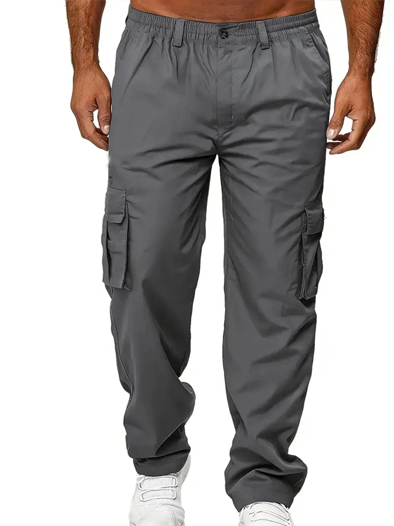 Men's grey cargo pants sweatpants by Simples Market with multiple pockets, outdoor loose straight fit.