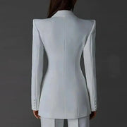 Women's white pantsuit; long-sleeve tailored blazer with curved back panels and matching pants.