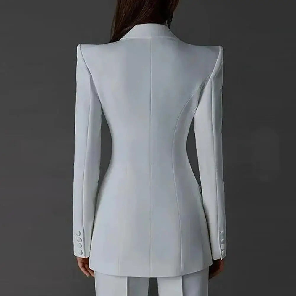 Women's white pantsuit; long-sleeve tailored blazer with curved back panels and matching pants.