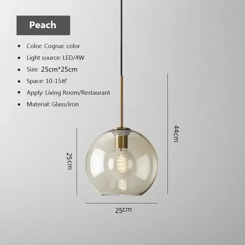 Nordic LED glass pendant light, cognac glass with brass stem, 25cm globe