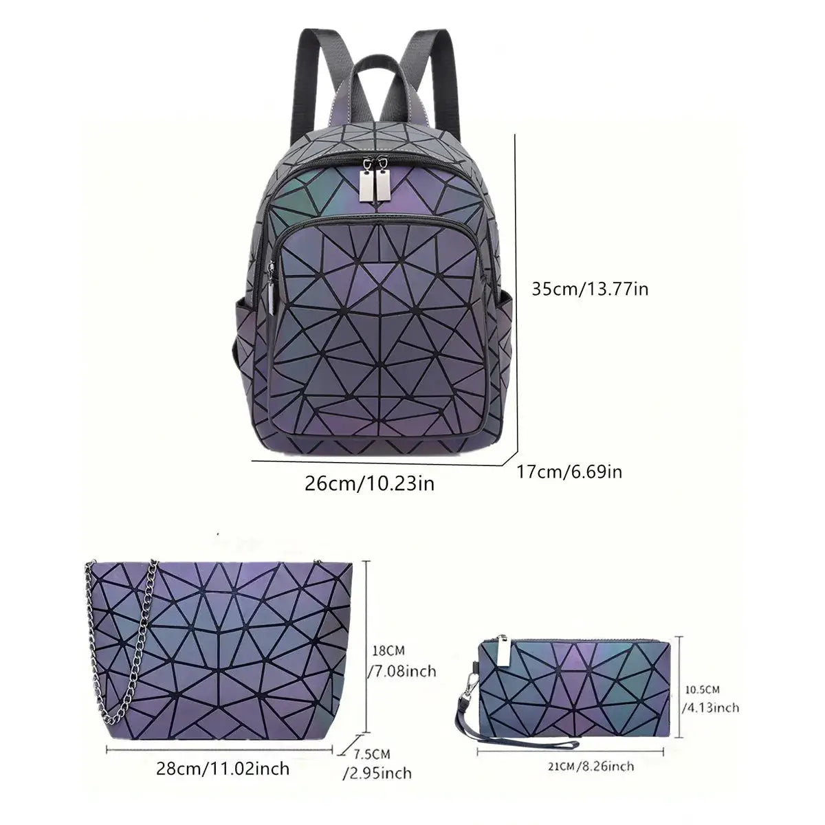 Backpack by Simples Market; luminous holographic purple geometric pattern with black lines, part of a 3-piece bag set.