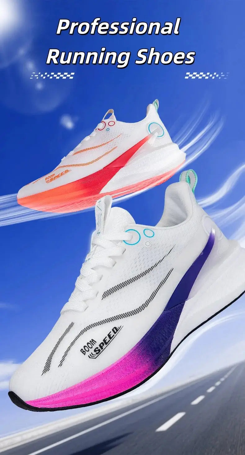 Pair of marathon running shoes, white uppers with pink-to-purple gradient midsoles, lightweight and supportive.