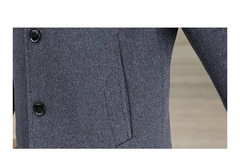 Men's long wool coat in gray with button-front closure and pocket flap