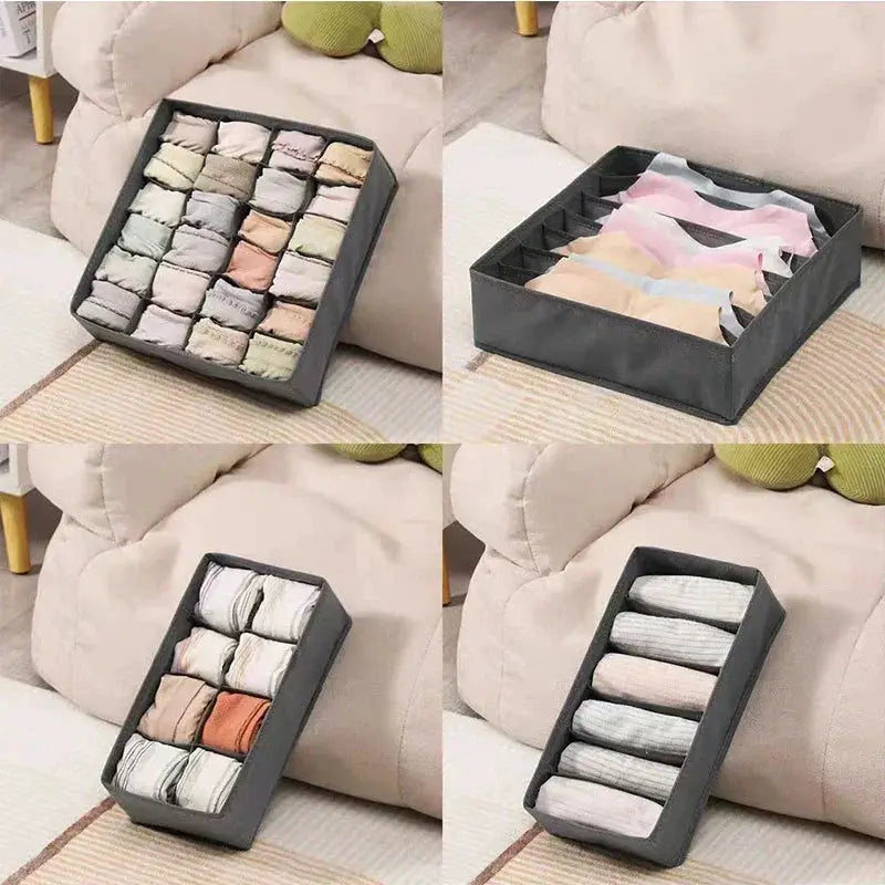 Drawer underwear storage box in gray fabric with compartments for socks, underwear and bras