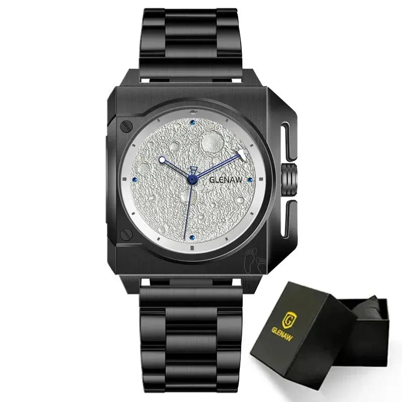 GLENAW men's stainless steel watch with square black case, crater moon dial and blue hands; comes with gift box.