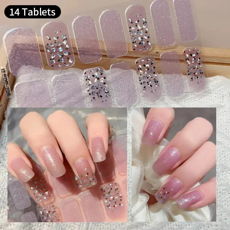 Full Cover Nail Stickers by Simples Market in pink lavender glitter with rhinestone accents, 14 tablets